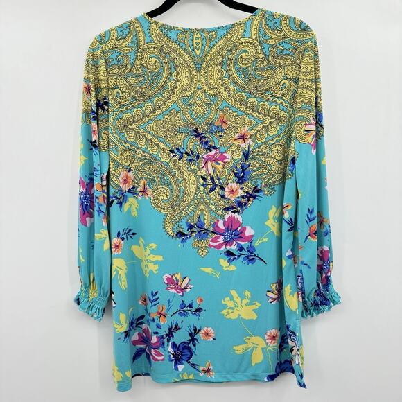 Susan Gravel Liquid Knit Paisley Floral Popover Top Size L Blue Pretty Office - Picture 2 of 11